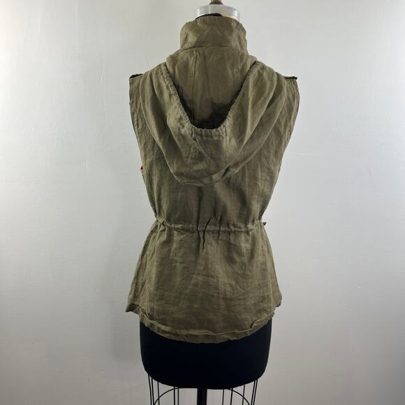 LOVE TREE Olive Green Linen Sleeveless Cinched Waist Military Hooded Vest Top S? - Picture 5 of 6